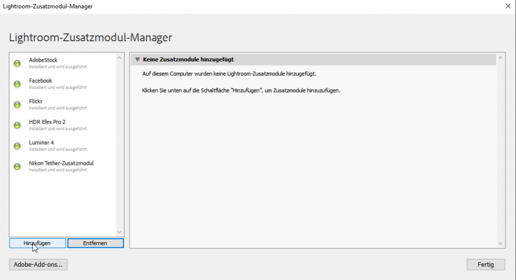 Lightroom Zusatzmodul-Manager